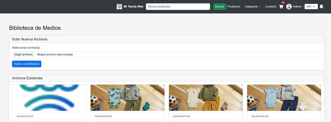 Biblioteca de medios con las fotos de productos de la tienda virtual