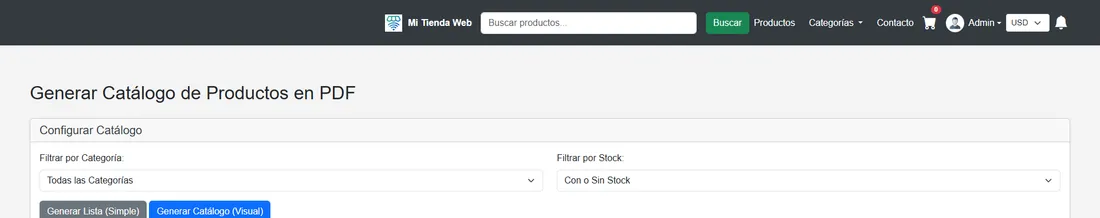 Generador de catálogo de productos en PDF de la tienda virtual