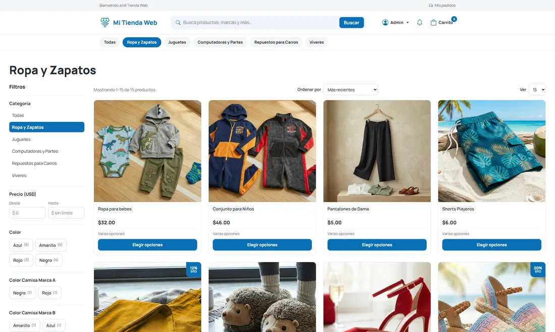 Categoría de ropa en una tienda online con filtros por talla, color y precio