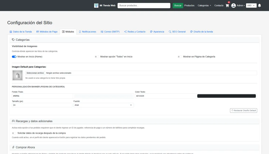 Configuración de módulos de la tienda: comprar ahora y datos de recarga