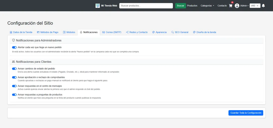 Configuración de notificaciones automáticas para administradores y clientes