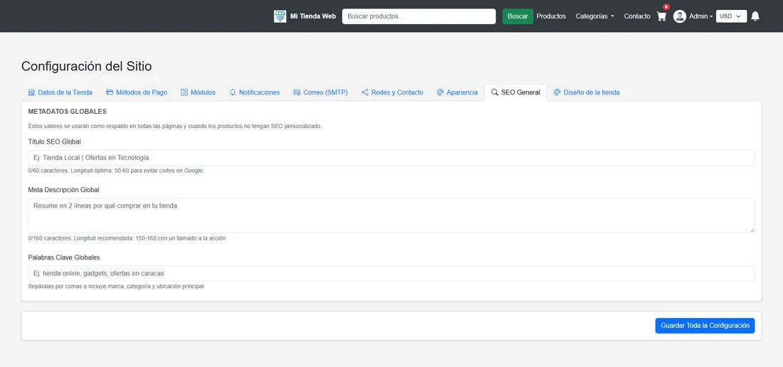 Configuración SEO de la tienda virtual: título, descripción y palabras clave