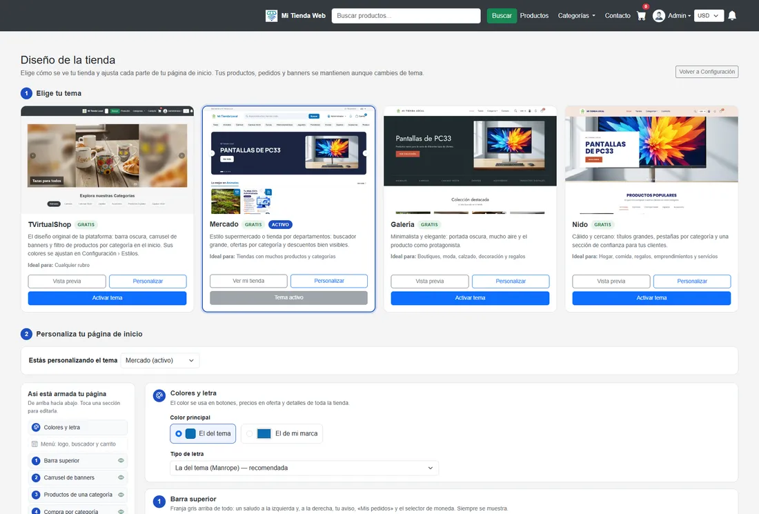 Panel de TVirtualShop para elegir el diseño de la tienda virtual entre cuatro temas