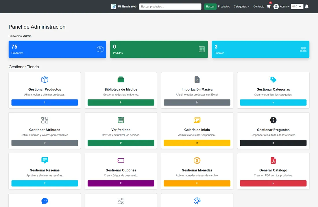 Panel de administración de la tienda virtual con todas sus funciones