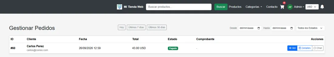 Panel de pedidos con el comprobante de pago aprobado por el administrador de la tienda