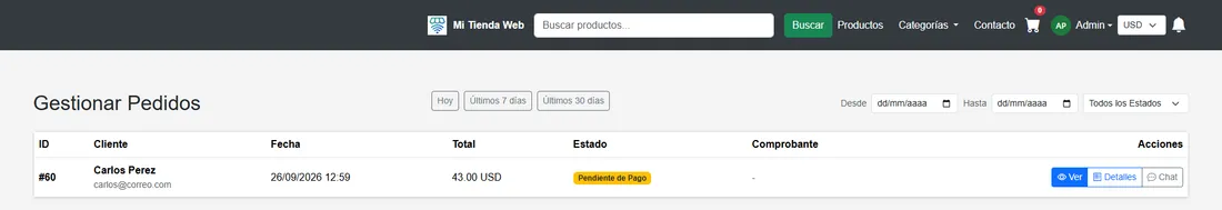Pedido recibido en el panel con acceso al chat con el cliente