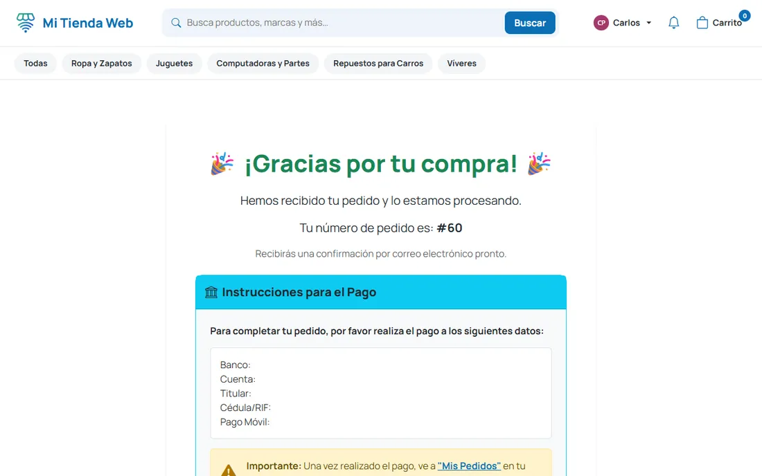 Pedido registrado en espera de confirmación del pago manual por el administrador