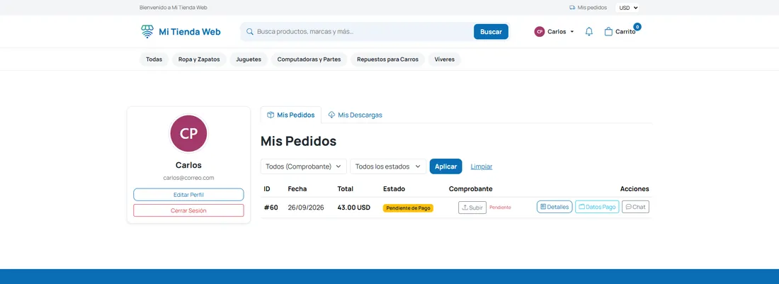 Perfil del cliente con sus pedidos y el estado del pago en la tienda virtual
