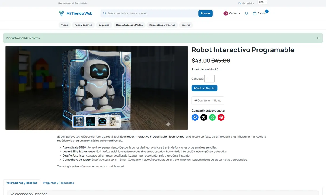 Producto con reseñas y preguntas de clientes en una tienda online venezolana