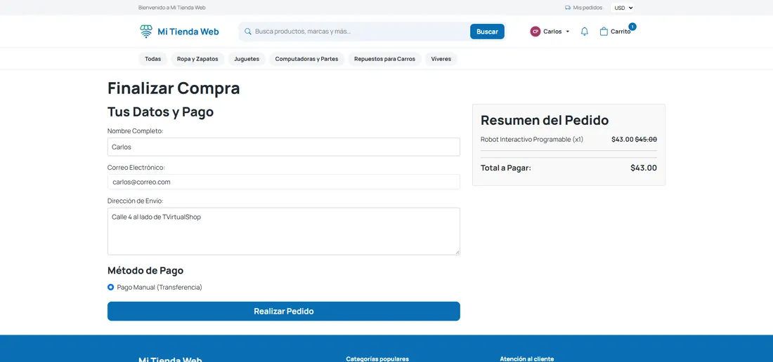 Resumen del pedido antes de pagar en una tienda virtual venezolana